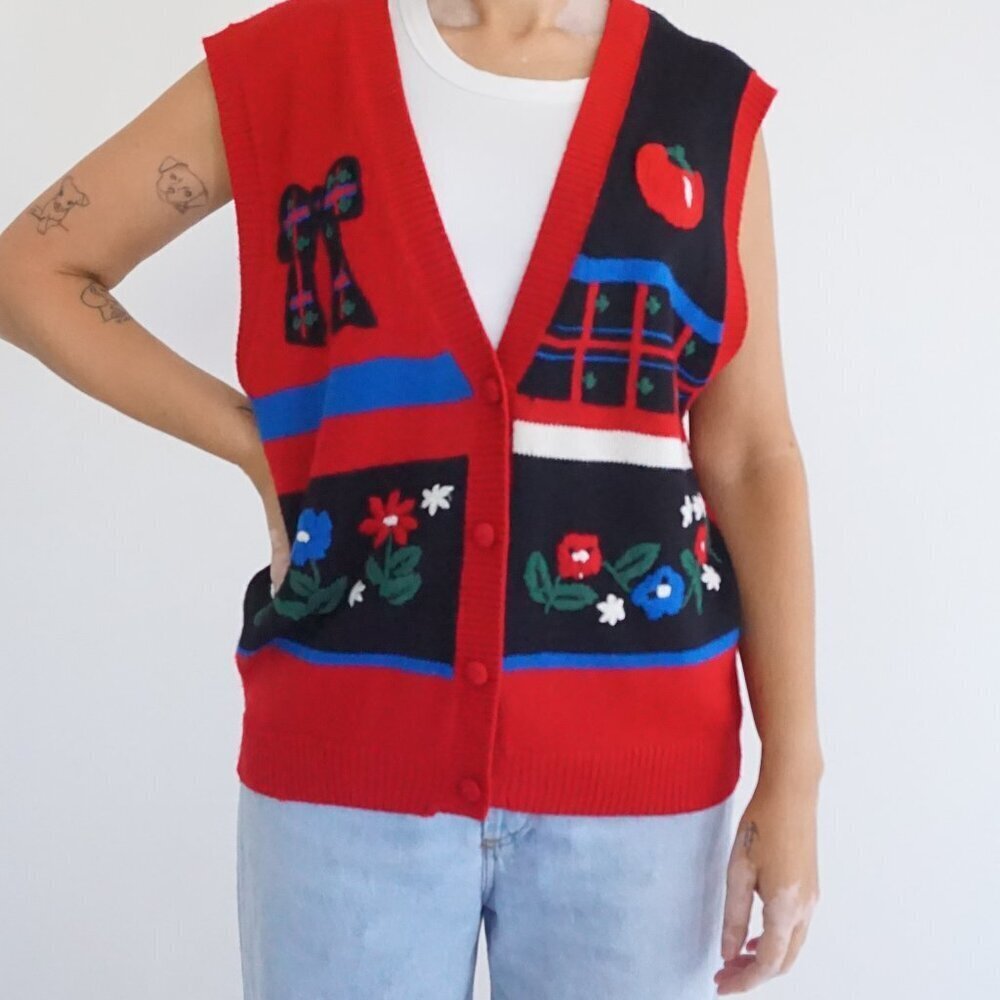 Vintage Napa Valley Red Knit Floral Cottage Garden Sweater Vest Grandmacore M